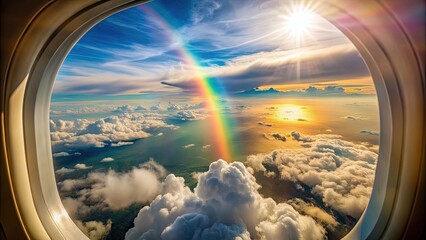 Wall Mural - View from window airplane with sunlight and rainbow , travel, aerial, aircraft, sky, clouds, perspective, flying