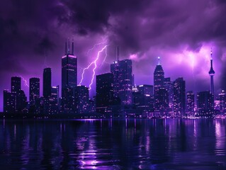 Wall Mural - city skyline with purple sky and lightning bolt