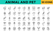 © Gravisio - Animal and Pet icon set with dog, cat, bird, fish, rabbit, hamster, guinea pig, turtle, horse, pony, snake, lizard, frog, mouse icon. Simple line vector