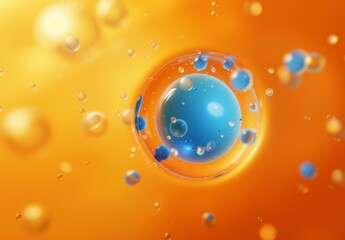 Wall Mural - a close up of a blue and orange liquid with bubbles. ai.
