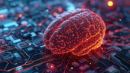 Poster - Artificial Intelligence concept. 3D rendering of the human brain made from glowing digital data on a circuit board background. Futuristic technology. Hologram of a human brain. Technology background