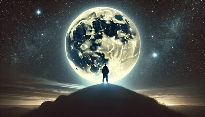 a silhouette of a person in front of a full moon in a clear night sky, capturing a mystical and awe-