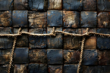 Poster - Rustic Wooden Block Wall with Rope Texture Background