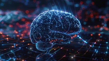 Poster - Artificial Intelligence concept. 3D rendering of the human brain made from glowing digital data on a circuit board background. Futuristic technology. Hologram of a human brain. Technology background