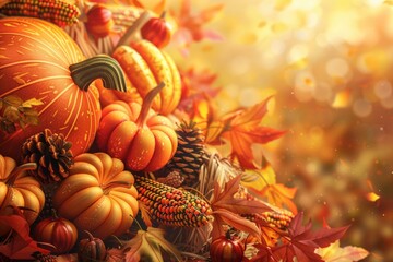 Wall Mural - Colorful fall scene with pumpkins, corn, and leaves