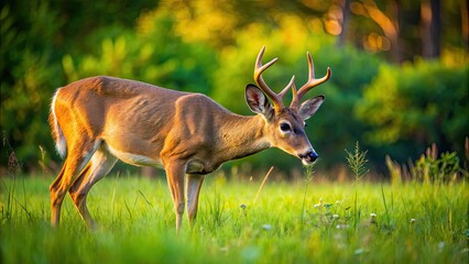 Canvas Print - Deer peacefully grazing in a lush meadow, wildlife, nature, animals, outdoors, tranquil, serene, majestic, forest, mammal, herbivore