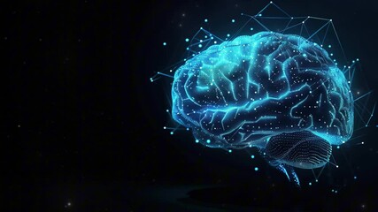 Poster - A hologram of a human brain. 3D rendering of a glowing brain. Artificial Intelligence concept. Brain futuristic technology. Electric brain. Artificial intelligence digital brain. Copy space area