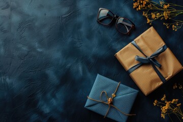 Wall Mural - blue and brown box with ribbon sits on table next to pair of glasses