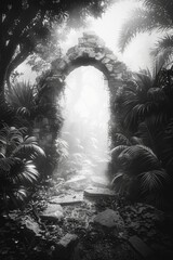 Wall Mural - Dark and mysterious forest with stone archway leading through it