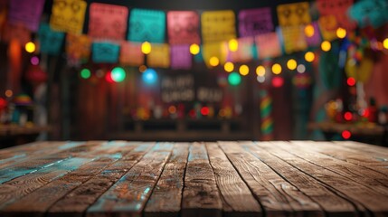 Wall Mural - Wooden table with colorful banner hanging above it