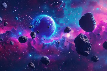 Wall Mural - colorful space scene with large planet and many small rocks