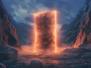 Canvas Print - Glowing, fiery tunnel appears to be entrance to cave