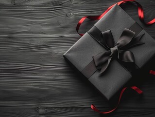 Wall Mural - black box with red ribbon on top of wooden surface