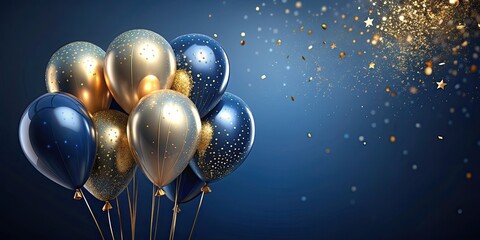 Poster - Elegant and sophisticated helium balloons in navy blue background with gold sparkles, helium balloons, elegant