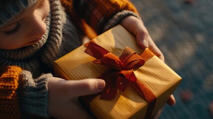 Canvas Print - Young girl is holding yellow box with red ribbon on it