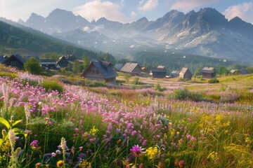 Sticker - Beautiful, lush green field with few houses in distance