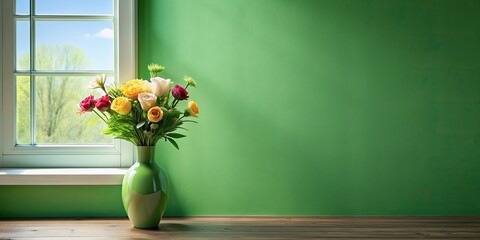 Canvas Print - Green vase with fresh flowers placed near a green wall on a window sill, vase, green, flowers, fresh, decoration, interior, home