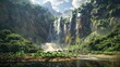 © Nazia - The powerful scene of a waterfall cascading down a volcanic cliff into a river below, surrounded by lush vegetation thriving in the fertile soil.