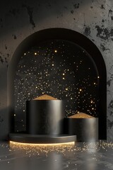 Poster - Black and gold sculpture of three pillars with gold and black background