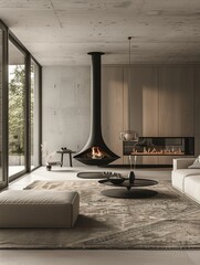 Wall Mural - Modern living room with fireplace and tall black stove