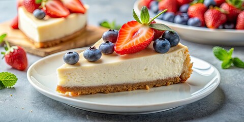 Poster - Delicious slice of cheesecake topped with fresh strawberries and blueberries, cheesecake, dessert, food, sweet, delicious