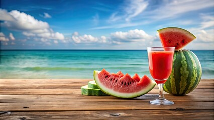 Wall Mural - Watermelon cocktail and slices on wooden table at the beach , summer, refreshing, fruit, exotic, vacation, drink, tropical