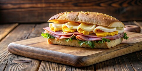 Canvas Print - Freshly made sandwich with ham, cheese, and eggs on a rustic wooden board, sandwich, jambon, fromage, oeufs, fresh