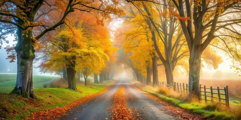  Mystical autumn countryside lane shrouded in misty atmosphere, autumn, countryside, lane, misty, mystical, atmosphere