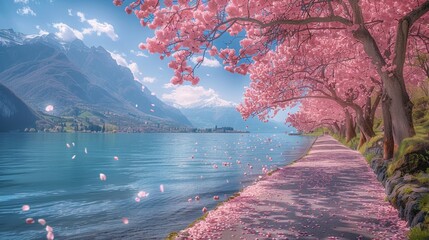 Wall Mural - Stunning Lakeside Cherry Blossom Path with Snow-Capped Mountains in the Background - Generative AI