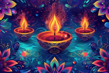 Poster - Colorful painting of three lit candles in bowls with blue background