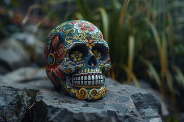 Sticker - Skull with flowers painted on it is sitting on rock