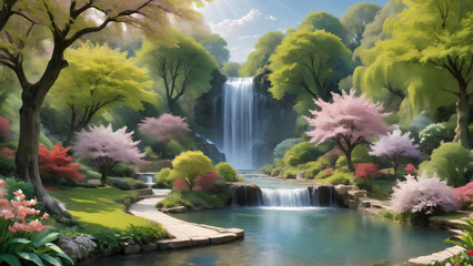 scene of tranquil garden with trees in bloom, waterfalls and a river, the essence of Eden