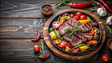 Poster - Hot meat served on a white plate with fresh vegetables , delicious, steak, beef, grill, cooked, meal, dinner, tasty, nutritious