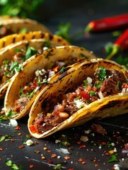 Wall Mural - Four tacos with meat and vegetables on black table