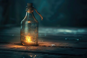 Wall Mural - Small glass bottle with cork stopper and lit candle inside