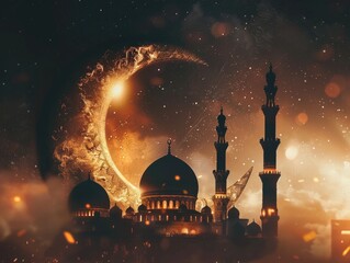 Wall Mural - Beautiful image of mosque with large golden crescent moon in sky
