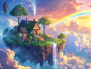 Wall Mural - A whimsical illustration of a floating island with a cozy cottage, lush greenery, and a waterfall cascading into the clouds below. 