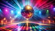 © Man888 - Vibrant flashing lights reflect off a spinning disco ball above a colorful dance floor surrounded by funky retro patterns and fog machines.