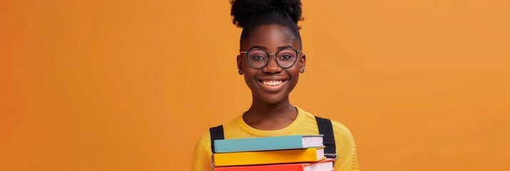 Poster - A cheerful student in a yellow shirt and glasses, with a backpack and books, poses happily against an orange background in an educational atmosphere, reflecting the joy of learning