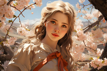 Poster - Beautiful Blonde Girl in a Field of Cherry Blossoms Illustration