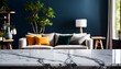 © Rahain - Living Room Background: Marble Counter with Product Copy Space