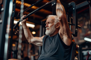 Wall Mural - older man is working out at a gym, lifting weights and looking at the camera. Concept of determination and perseverance, as the man is focused on his workout despite his age