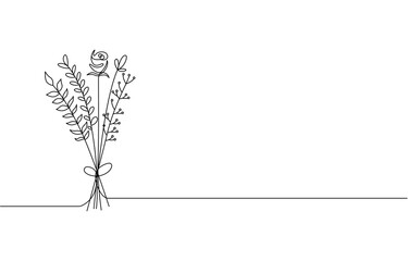 Poster - Monochrome bouquet of flowers lavenders, Minimalistic flowers with moon. Vector line art, Silhouette of flowers bouquet. One line continuous concept banner with tulips. Outline, line art, vector.