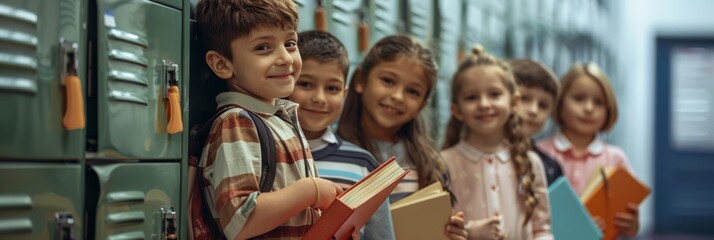 Poster - In a vibrant school hallway, a diverse and joyful group of young elementary school students are proudly displaying their books, embodying friendship, learning, and enthusiasm for education