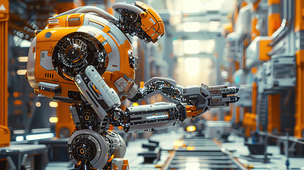 Wall Mural - A futuristic robot with orange and grey colors in an industrial factory