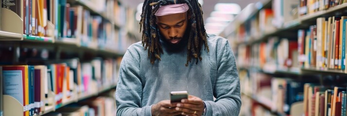Poster - In a library aisle, a youth with braided hair focuses on a smartphone, blending modern tech with education among bookshelves and quiet setting. Facility for learning and study take precedent