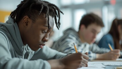 Poster - High school students are deeply engrossed in a classroom test, demonstrating focus and determination. This learning environment prioritizes academic success and educational growth
