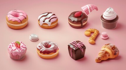 3D realistic vector icons of mouthwatering sweets: cake, donut, croissant, cupcake, ice cream, chocolate.