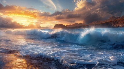 Wall Mural - waves whispering secrets to the shore under the first light of sunrise, with the backdrop of majesti
