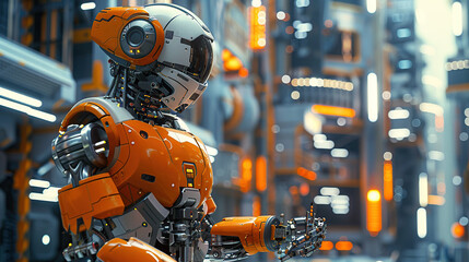 Wall Mural - A futuristic robot with orange and grey colors in an industrial factory